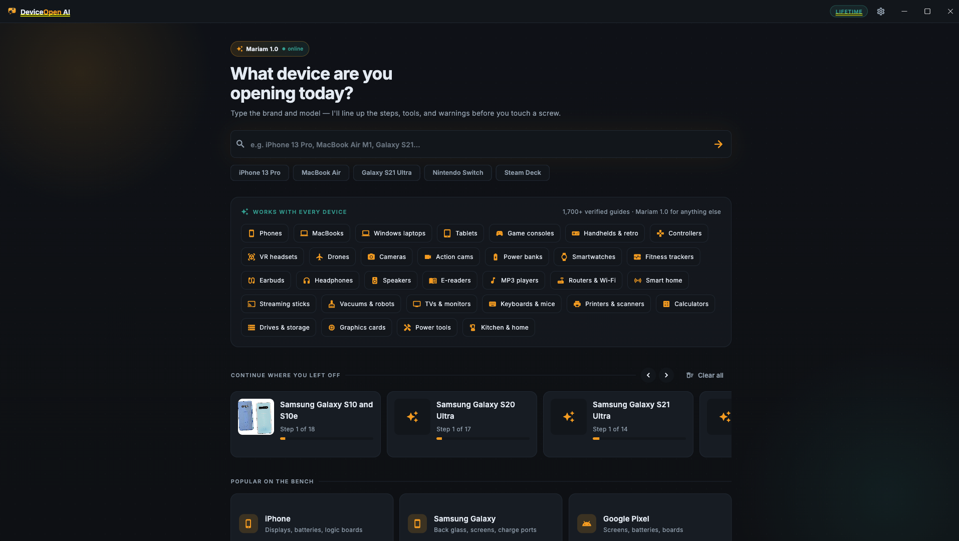 DeviceOpen AI home screen, showing device search and the works-with-every-device category grid