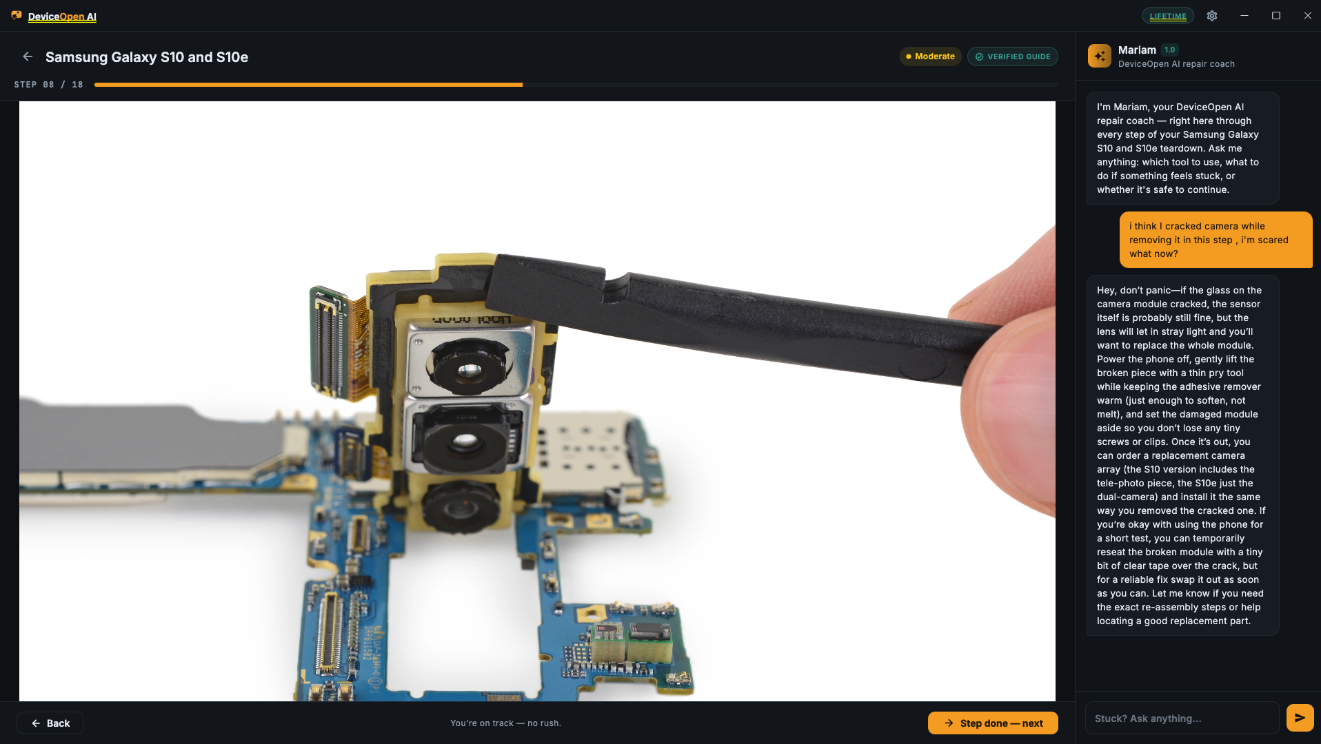 DeviceOpen AI teardown view with Mariam, the in-app AI assistant, answering a repair question about a cracked camera module