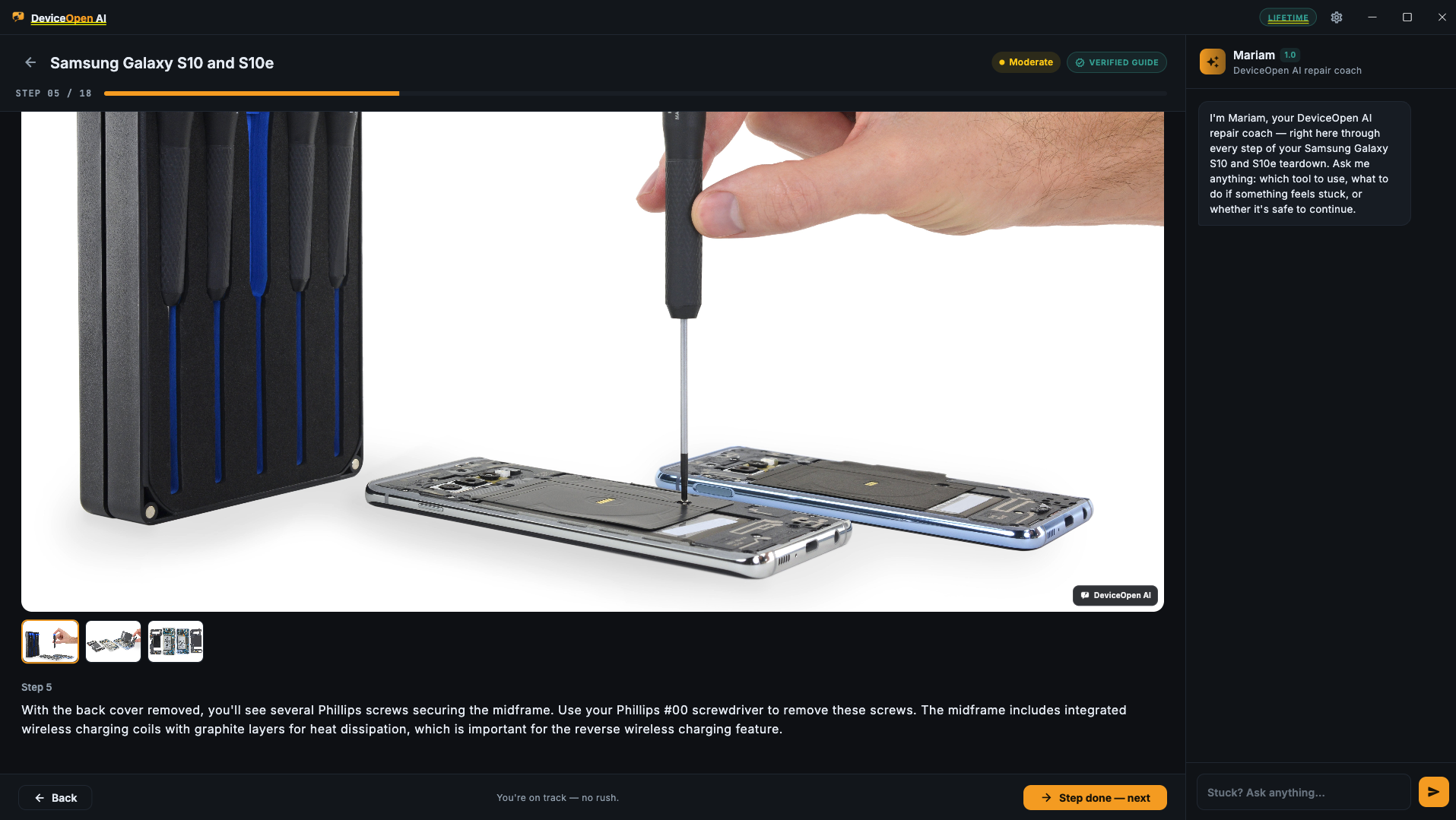 DeviceOpen AI guided teardown step for a Samsung Galaxy S10, with tool callouts and step progress