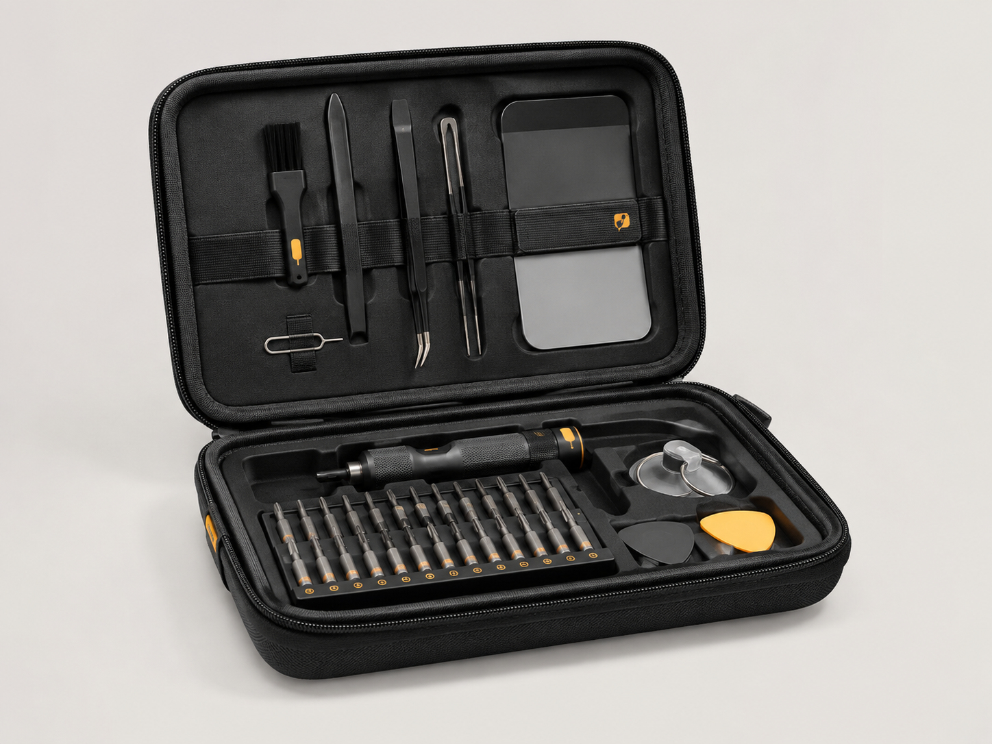 DeviceOpen Tool Box open, showing the organized driver, bit set, tweezers, spudgers, and suction cups